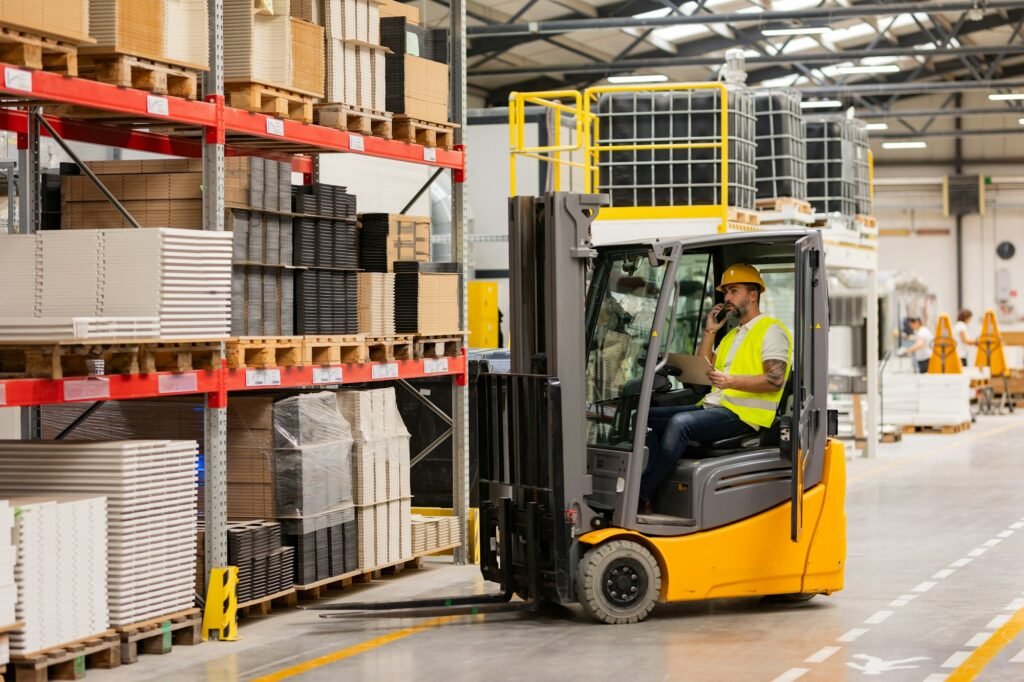 Warehouse worker driving forklift. Warehouse worker preparing products for shipmennt, delivery